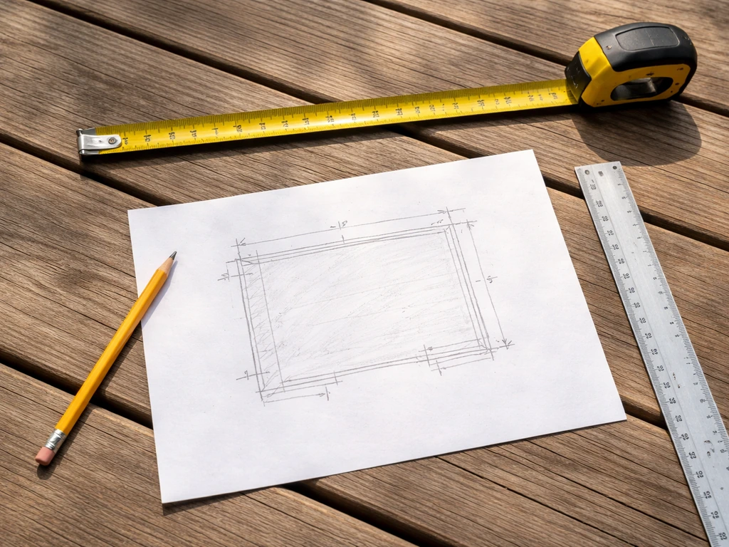 Top-down view of a measuring tape and simple sketch layout for a patio roof footprint on a patio deck.