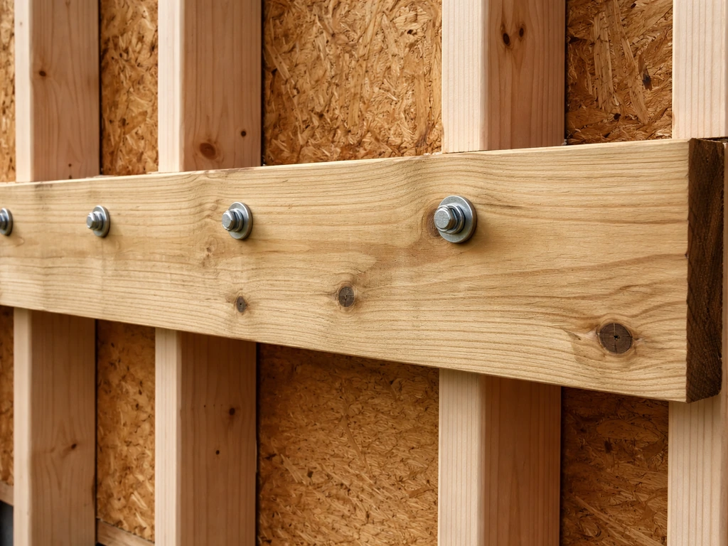 Close-up of a ledger board bolted into a house rim joist/studs with lag bolts visible.