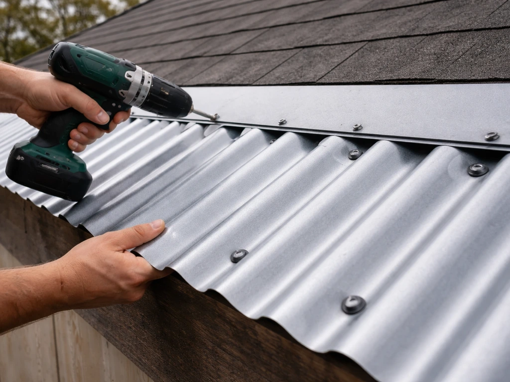 Close-up of aligned corrugated roof panels being fastened with hex-head screws and EPDM washers.