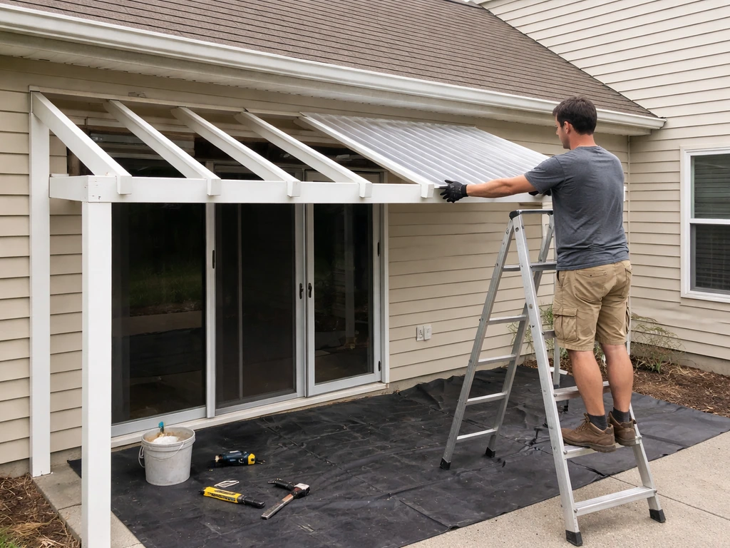 Homeowner replacing a lean-to patio roof with panels partly removed and protective materials nearby.