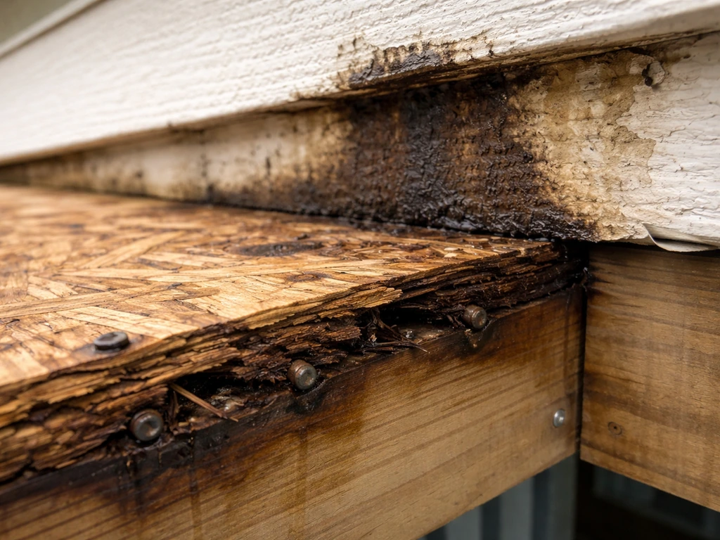 Close-up patio roof inspection near the house ledger showing rotted wood edge, water stains, and loose fasteners.