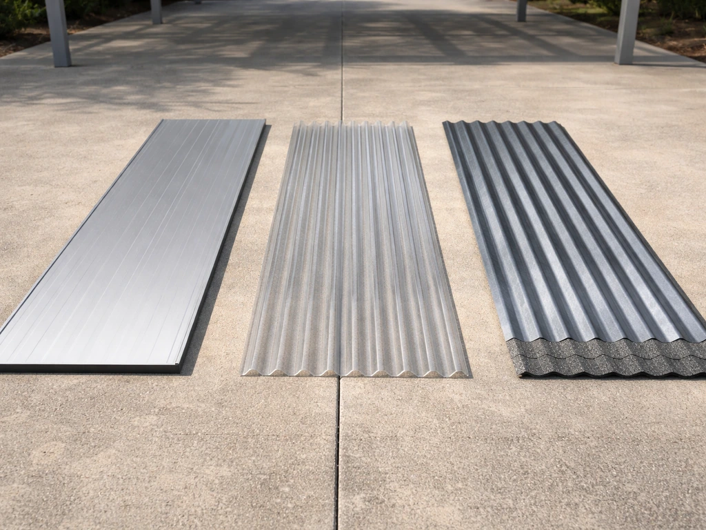 Side-by-side aluminum, corrugated polycarbonate, and corrugated metal sheets laid on concrete for a patio roof compariso