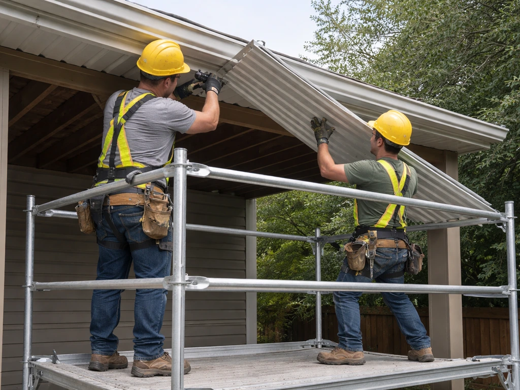 Workers remove patio roof panels from a stable scaffold with guardrails and fall-protection setup.