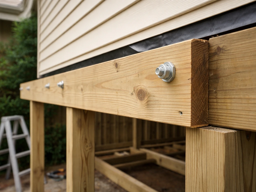 Close-up of a house wall with a patio roof ledger being bolted on, flashing gap prepped with aligned beams