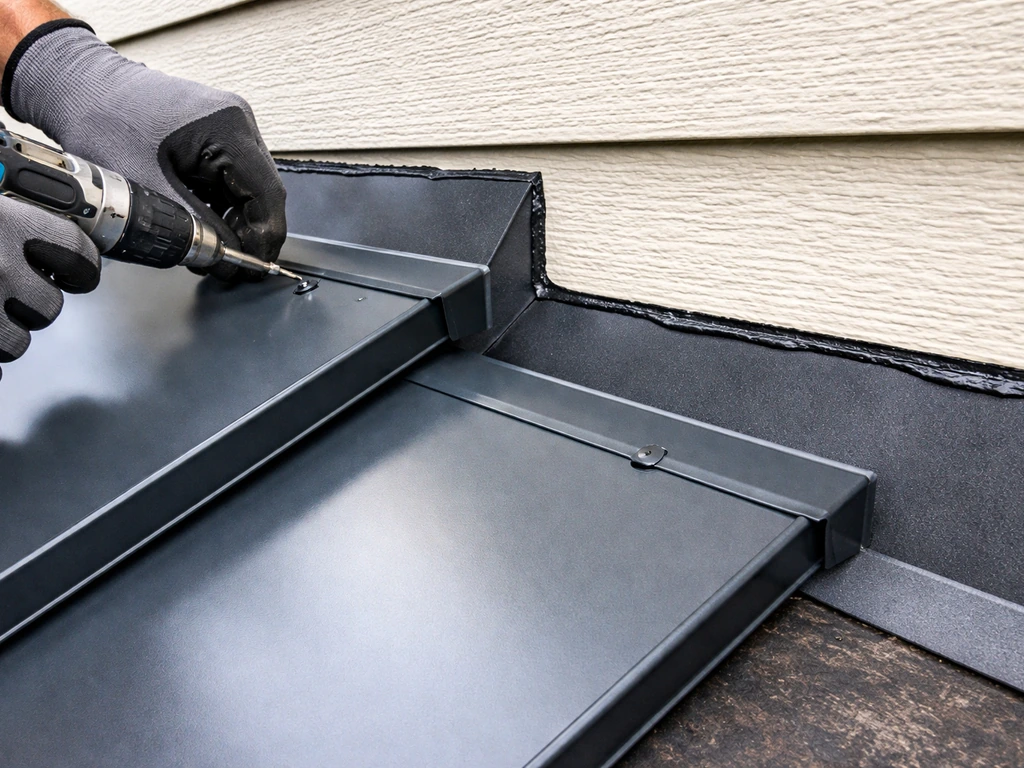 Close-up of roofing panels with proper overlap, flashing, and waterproofing at a house-wall transition.