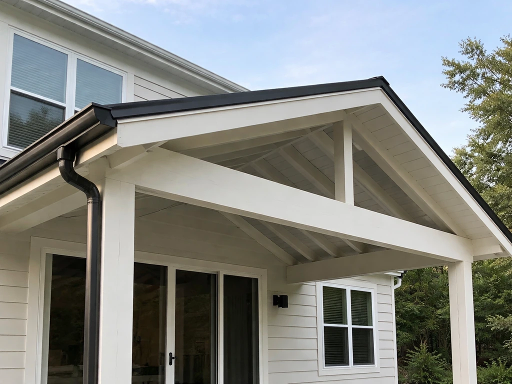 Gable-style attached roof over a patio with the ridge connected to the house wall.