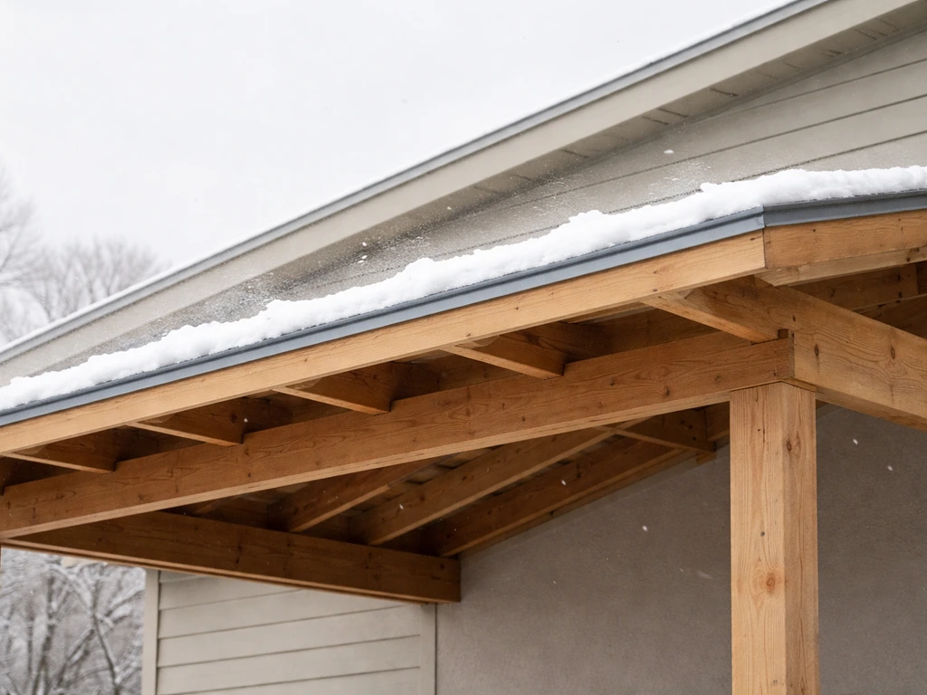 Low-slope patio roof with snow accumulation and drifting snow along rafters to suggest wind and snow loads.