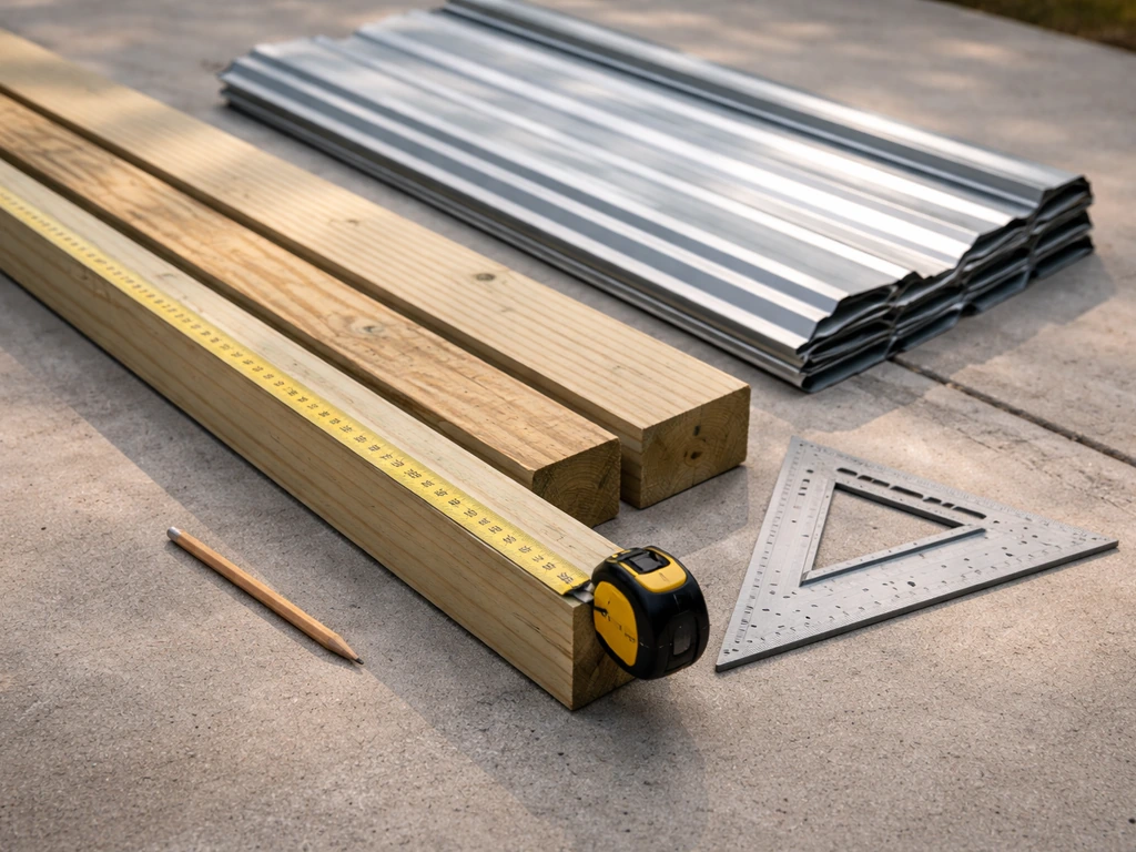 Closeup of patio roof framing materials—pressure-treated lumber and metal panels—laid out for measuring and layout