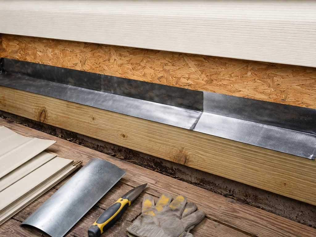 Home exterior ledger waterproofing: siding removed and self-adhering flashing tape layered along the ledger.