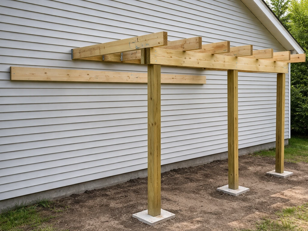 Attached lean-to framing beside a house wall with level chalk line and support posts set