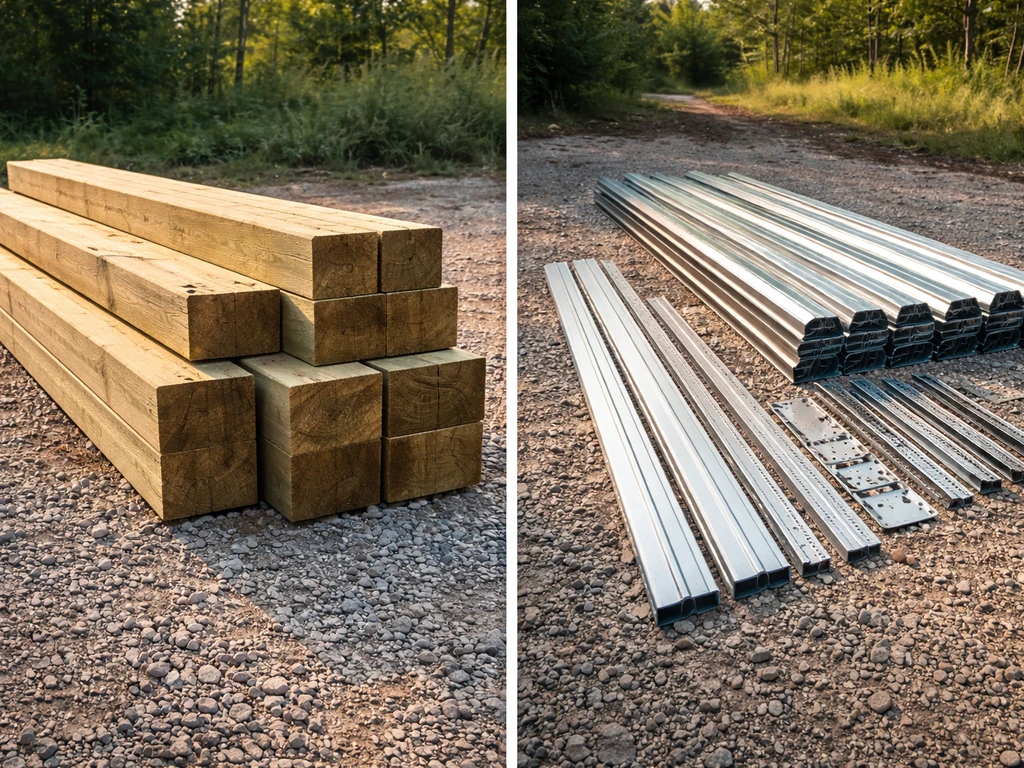 Pressure-treated wood framing pieces and aluminum/metal roofing components laid side-by-side on the ground.