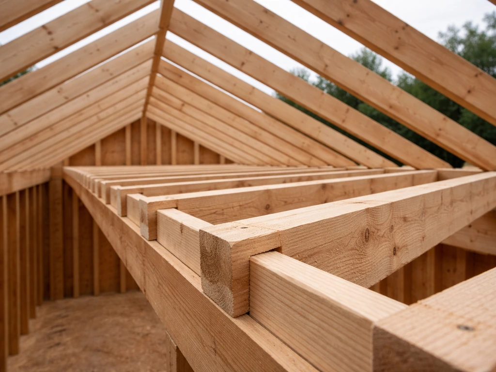 Close-up of installed rafters evenly spaced and seated on a beam with bird’s mouth notches.