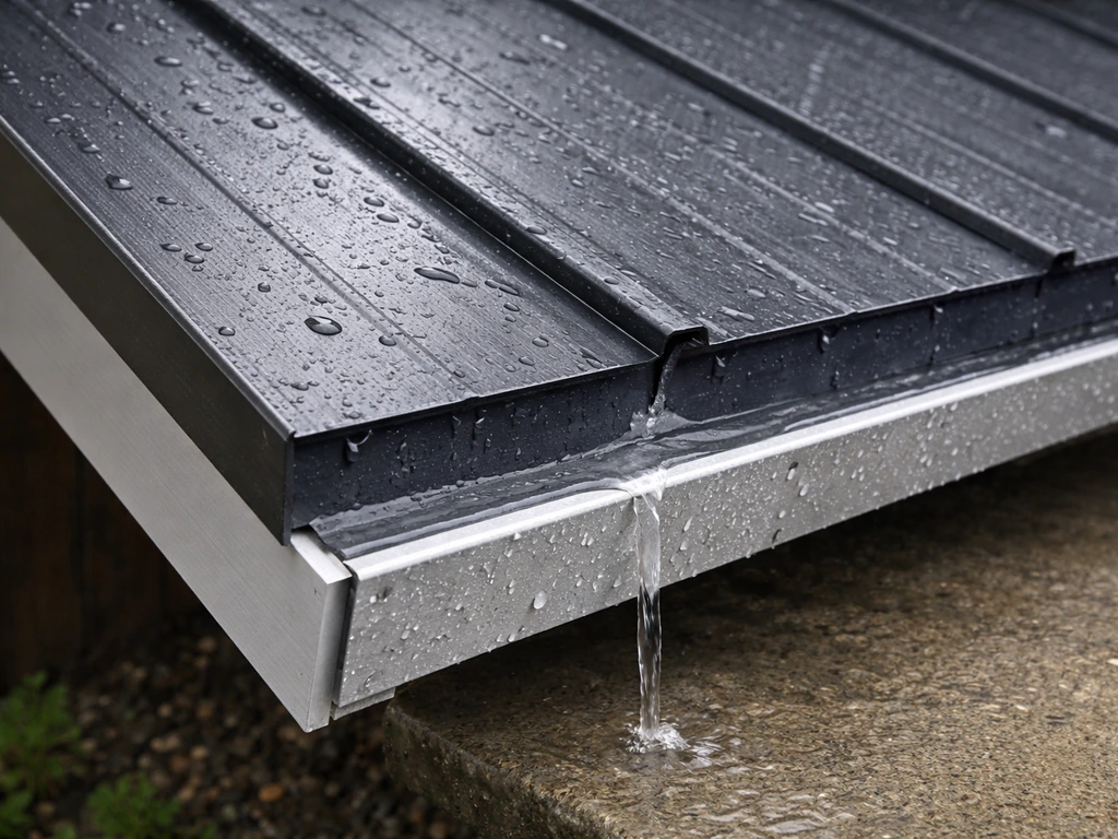 Close-up of overlapping roof panels, sealed seams, and water draining off a lean-to roof edge.