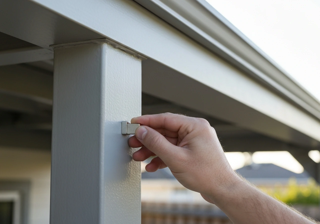 Close-up of a magnet being held to a metal patio cover beam to test if it sticks.