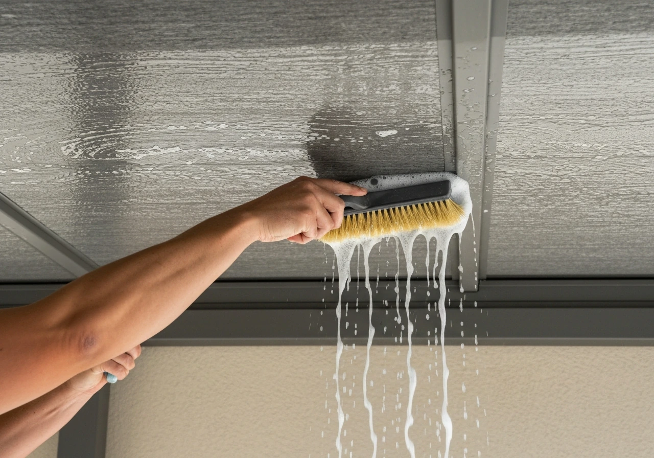 Stiff-bristle brush scrubbing a patio cover as detergent-water suds and runoff flow.