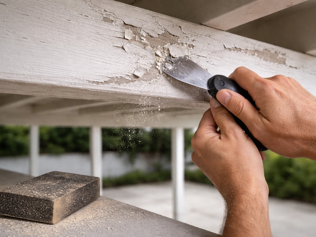 Hands scraping and sanding loose paint on a patio cover with dust in natural light.