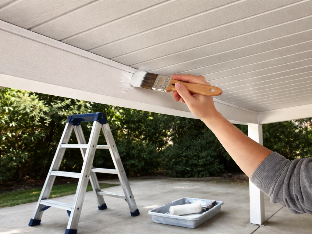 Sturdy ladder under a patio cover while an angled brush paints the underside edge.