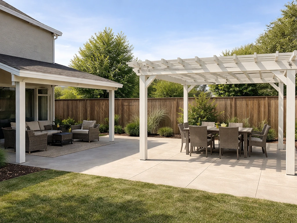 Split-view patio cover options: attached lean-to with shingles beside a freestanding pergola style