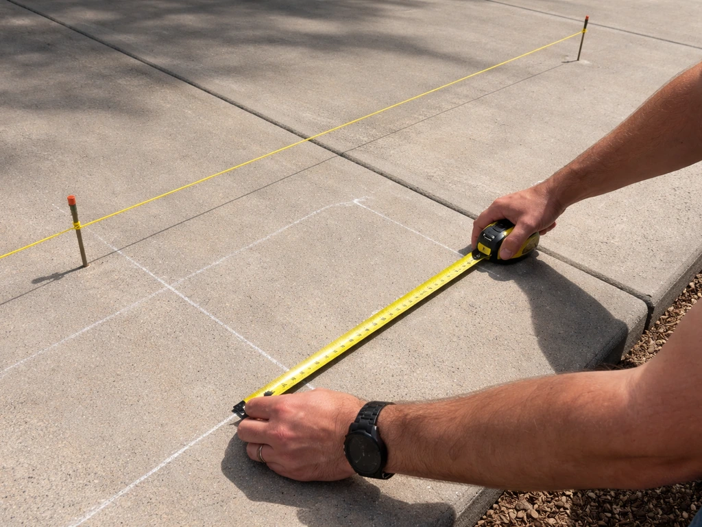 Person measuring a patio slab with a tape measure and marking string-and-chalk lines for post locations.