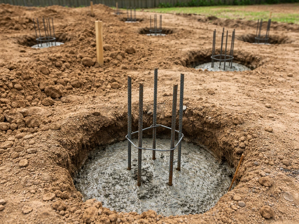 Excavated concrete footings with steel rebar ready for patio posts in a residential yard