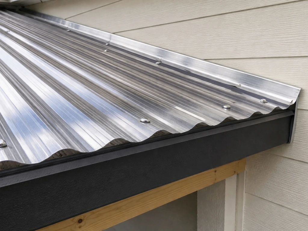 Close-up of corrugated roof/shade panel installation with flashing overlap at the wall edge for drainage