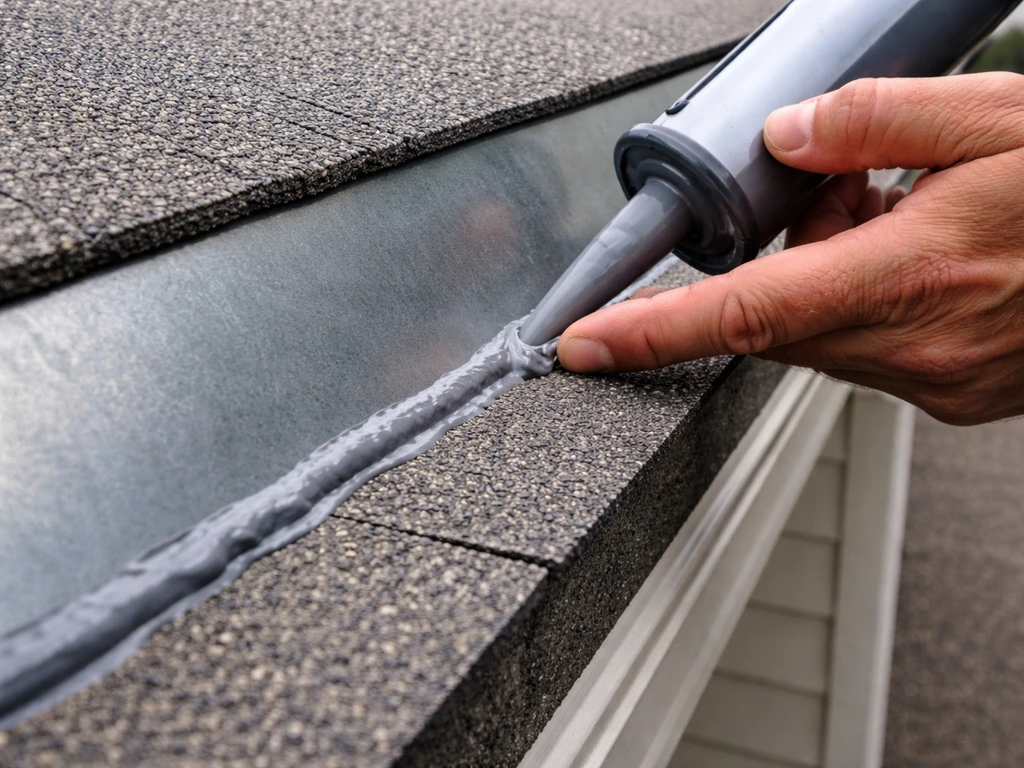 Close-up of hands applying exterior caulk along a patio roof seam beside flashing to stop a leak.
