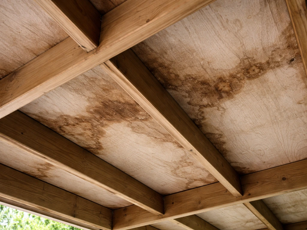 Close-up of dark water stains and damp spotting on the underside of a patio roof deck
