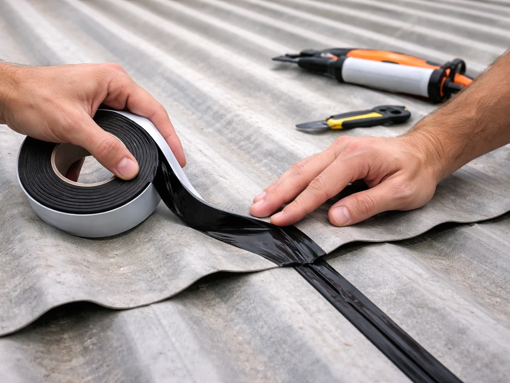 Hands press butyl tape onto a roof panel seam while overlapping metal panels, tools nearby