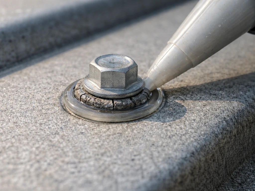 Close-up of a roof fastener head with cracked rubber washer and sealant being applied