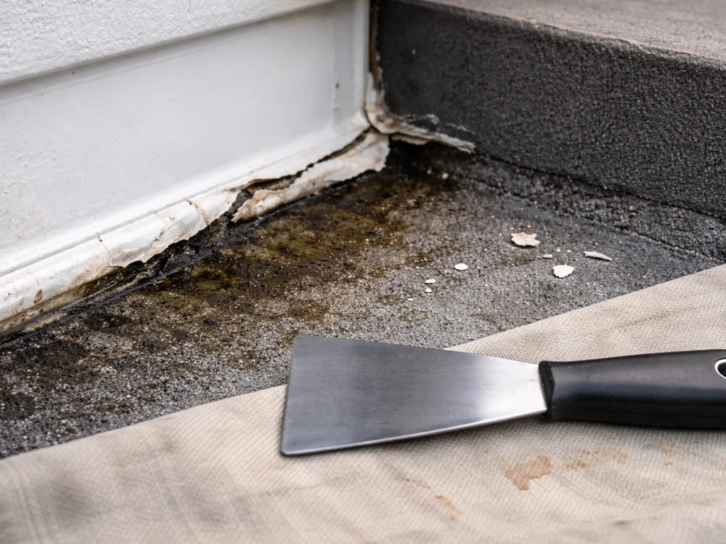 Close-up of cracked, lifting roof sealant over a damp, dirty seam on a patio roof edge.