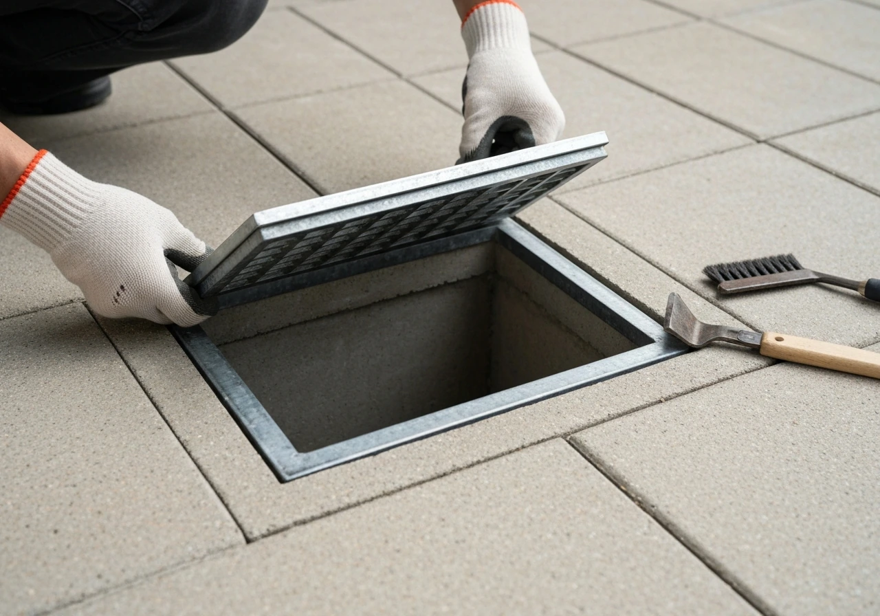 Close-up of a patio drain cover being carefully lifted from a concrete surface with tools nearby.