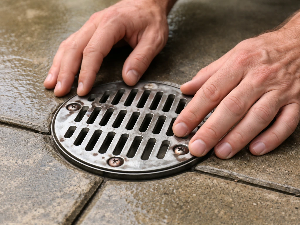 Homeowner’s hands inspecting a patio drain cover’s edge for screw or bolt attachment points.