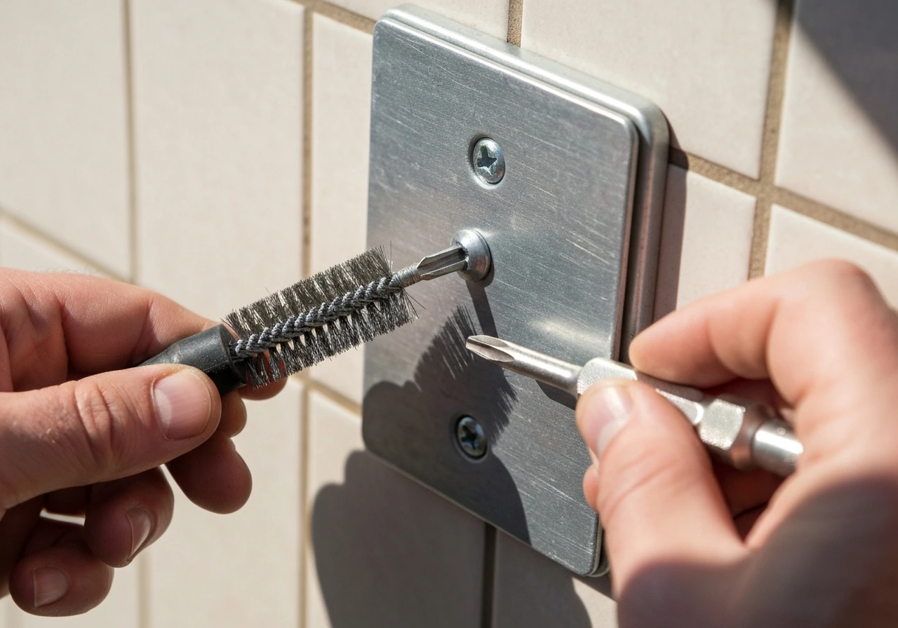 Close-up of hands brushing and using a screwdriver on a screw-secured metal grate screw head.