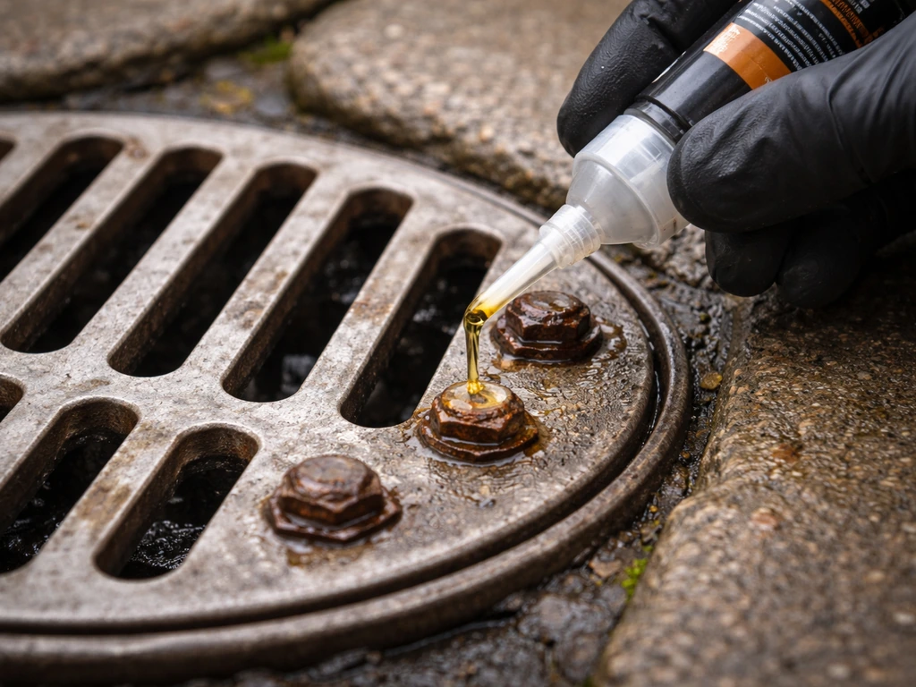 Gloved hand applying penetrating oil to rusted bolt heads on a patio drain cover before loosening.