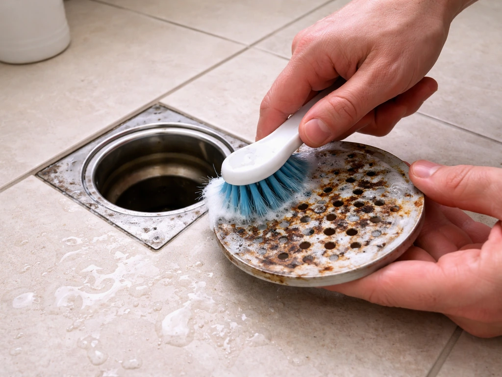 Person scrubbing a removed metal drain cover and inside drain body to remove rust and mineral buildup