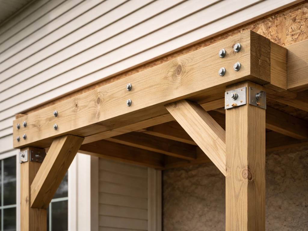 Close-up of an exterior awning ledger board bolted to house framing with posts and diagonal bracing