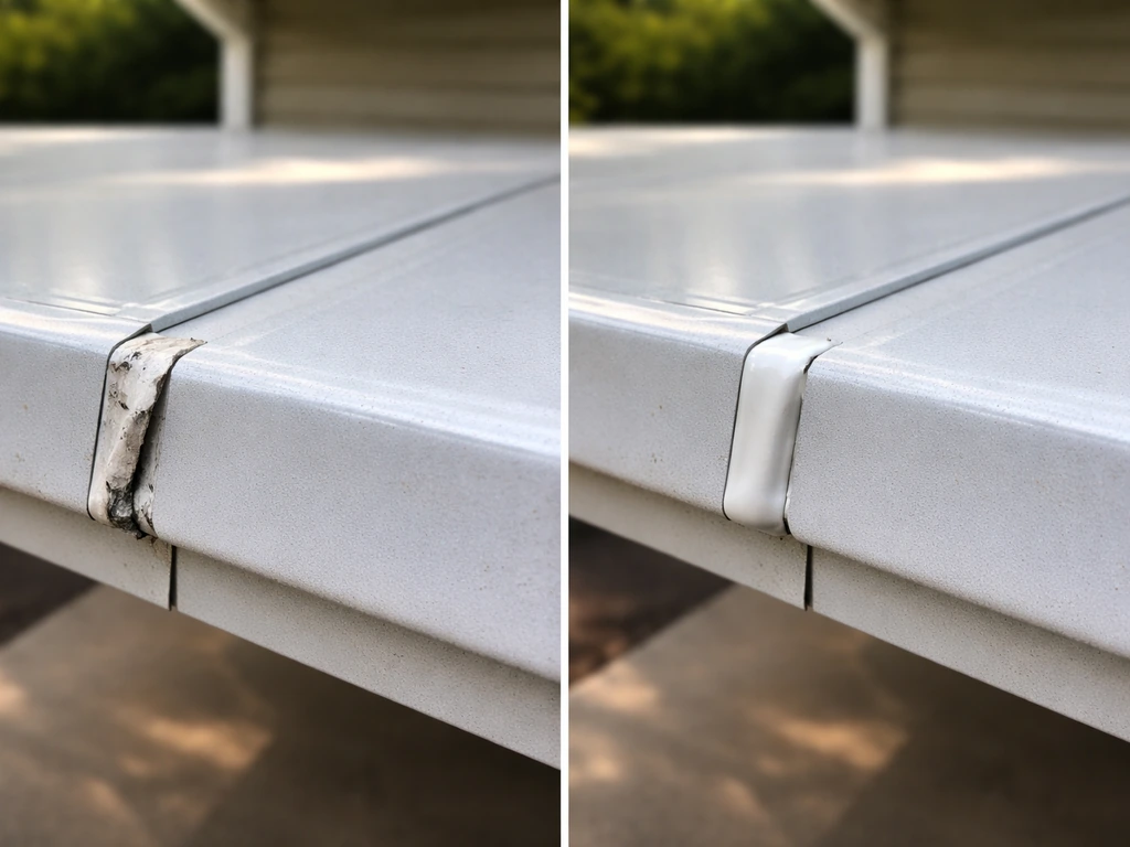 Split view of an aluminum patio roof seam with cracked caulk versus a neatly sealed overlap