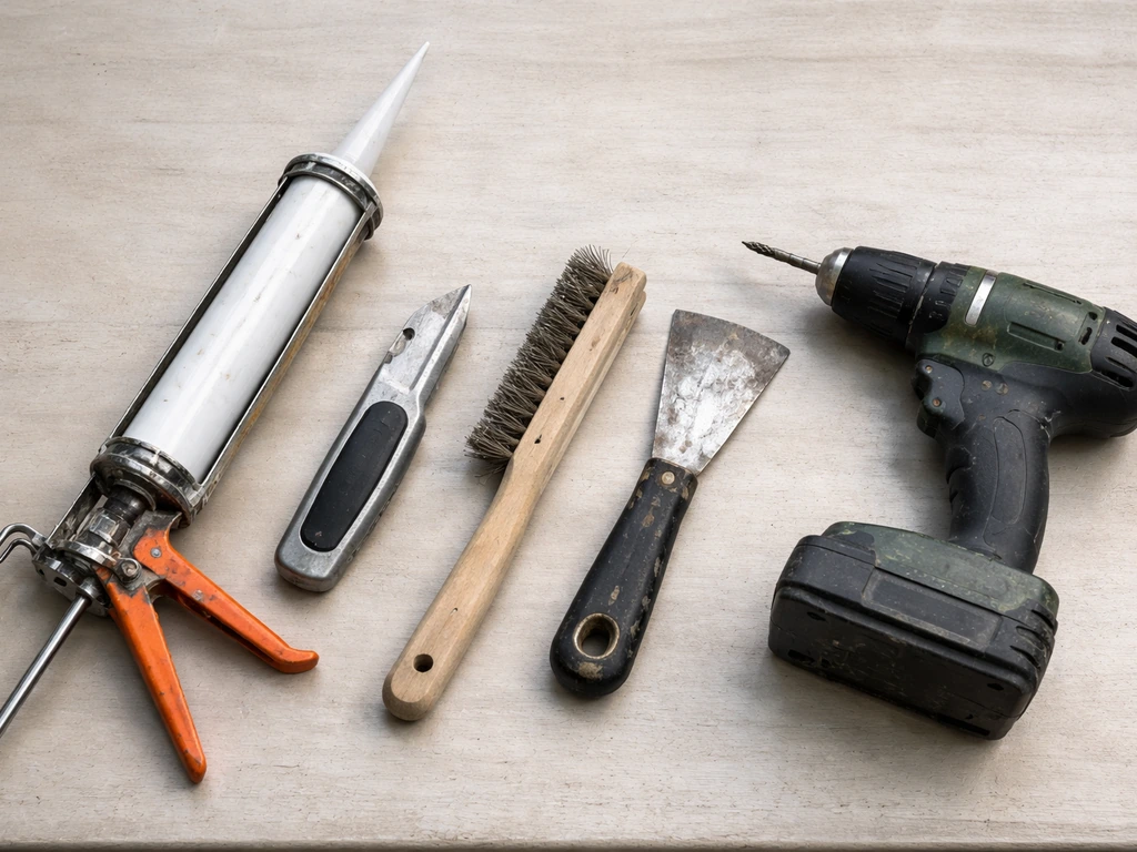 DIY sealing tools laid on a workbench: caulk gun, utility knife, wire brush, putty knife, and cordless drill.