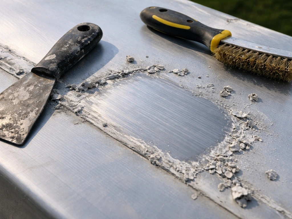 Close-up of an aluminum repair spot with old sealant scraped away and wire-brushed clean, tools nearby.