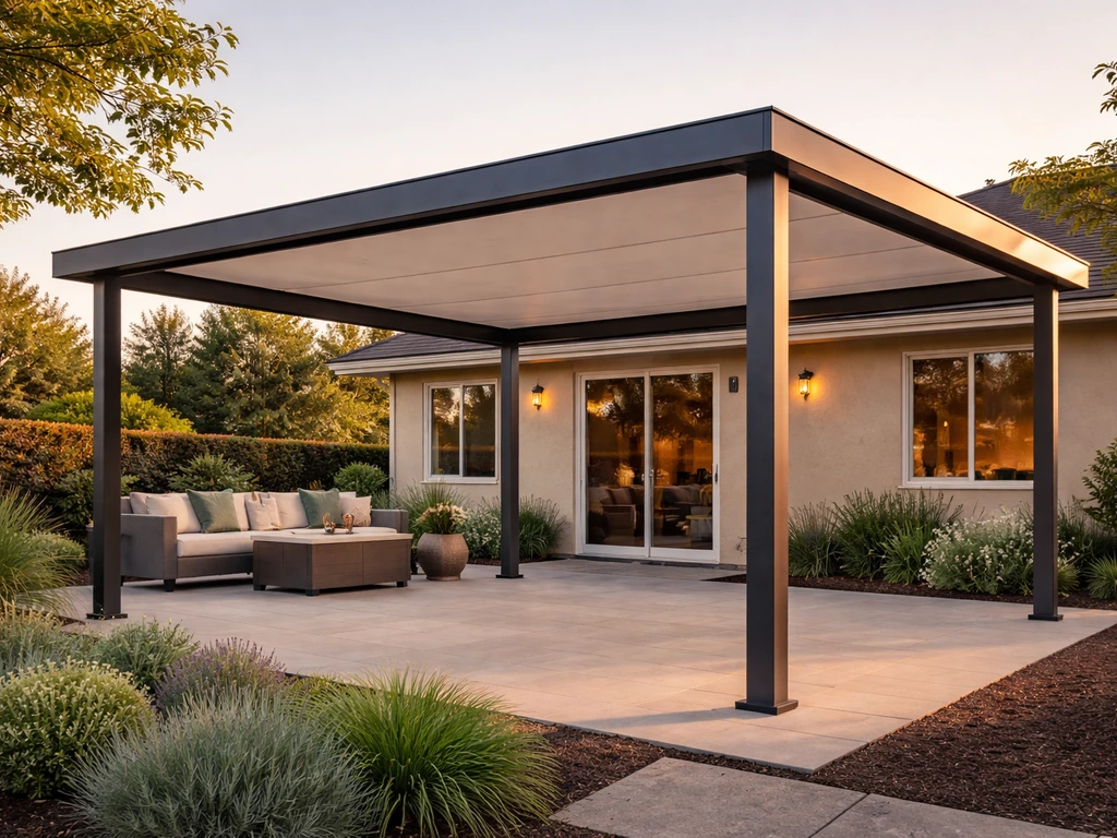 Completed DIY patio cover kit with modern roof canopy and posts on a clean residential patio