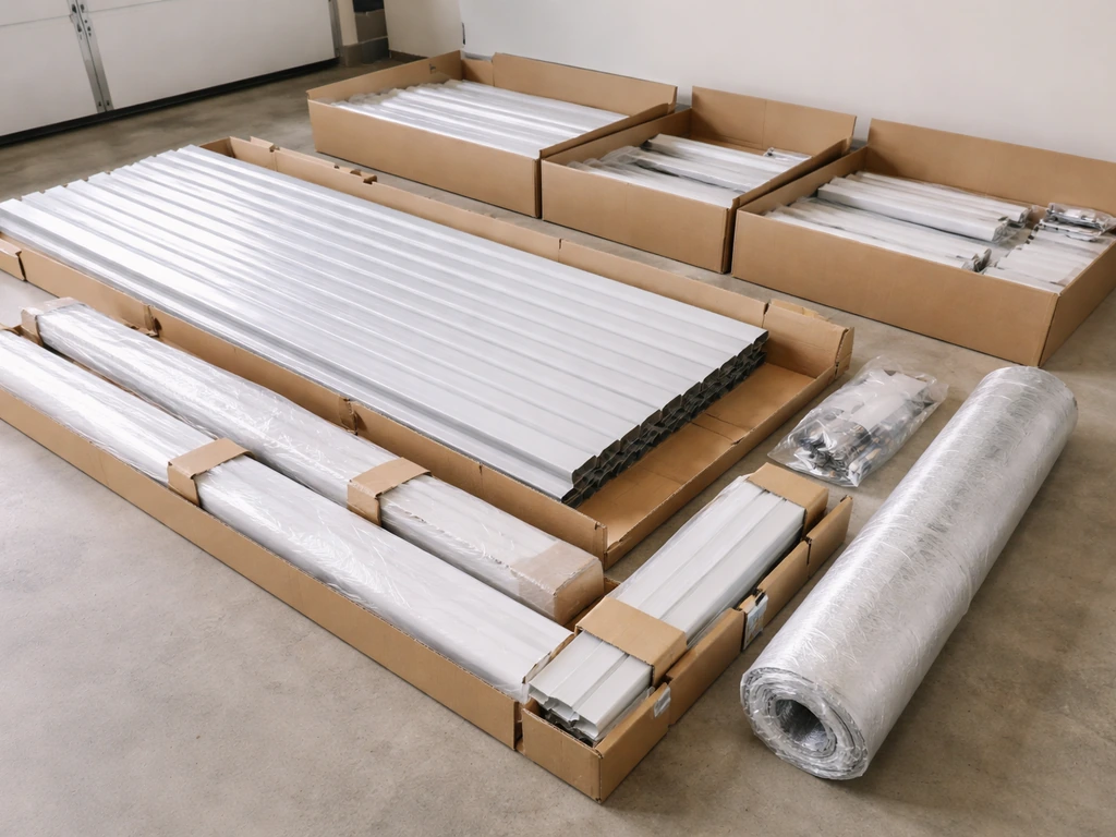 Neatly organized patio cover kit components laid out in boxes with beams, roof panels, insulation, and fasteners