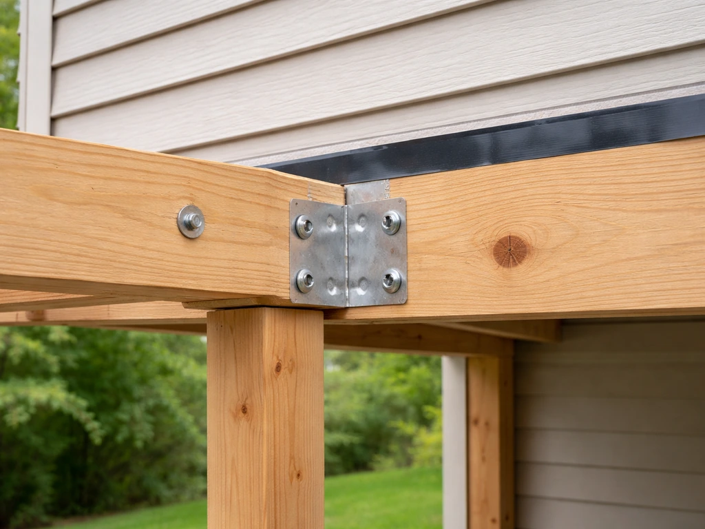 Close-up of a lean-to patio cover ledger/header mounted to a house with visible bolts and flashing.