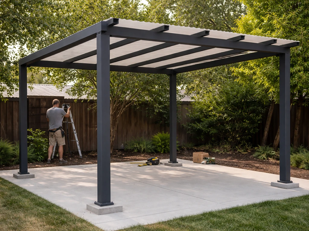Freestanding patio cover kit installed: posts on concrete footings and beams connected, roof panels partially set.