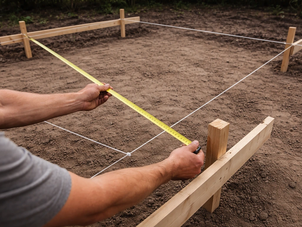 Worker using batter boards, string lines, and diagonal tape measurement to confirm a roof footprint is square