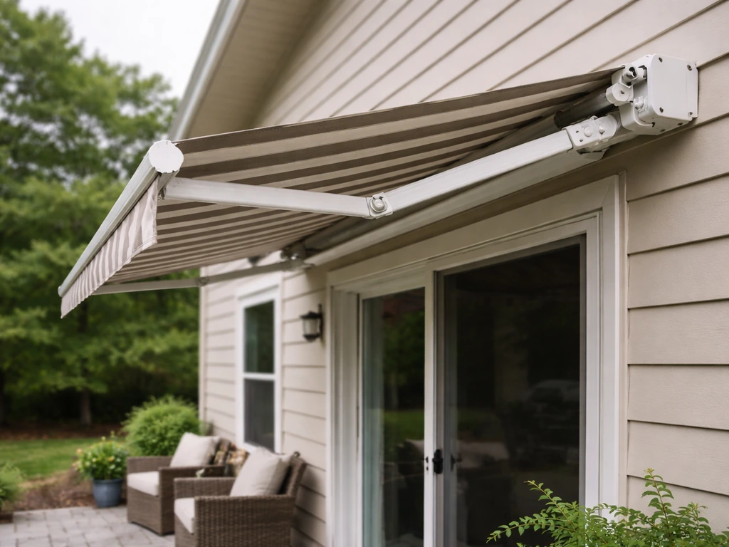 Finished DIY patio awning installed over a patio, with mounting point visible on the home exterior.