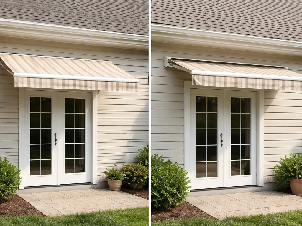 Two DIY patio awning setups on a home: fixed fabric and retractable-style frame mounted under the eave.