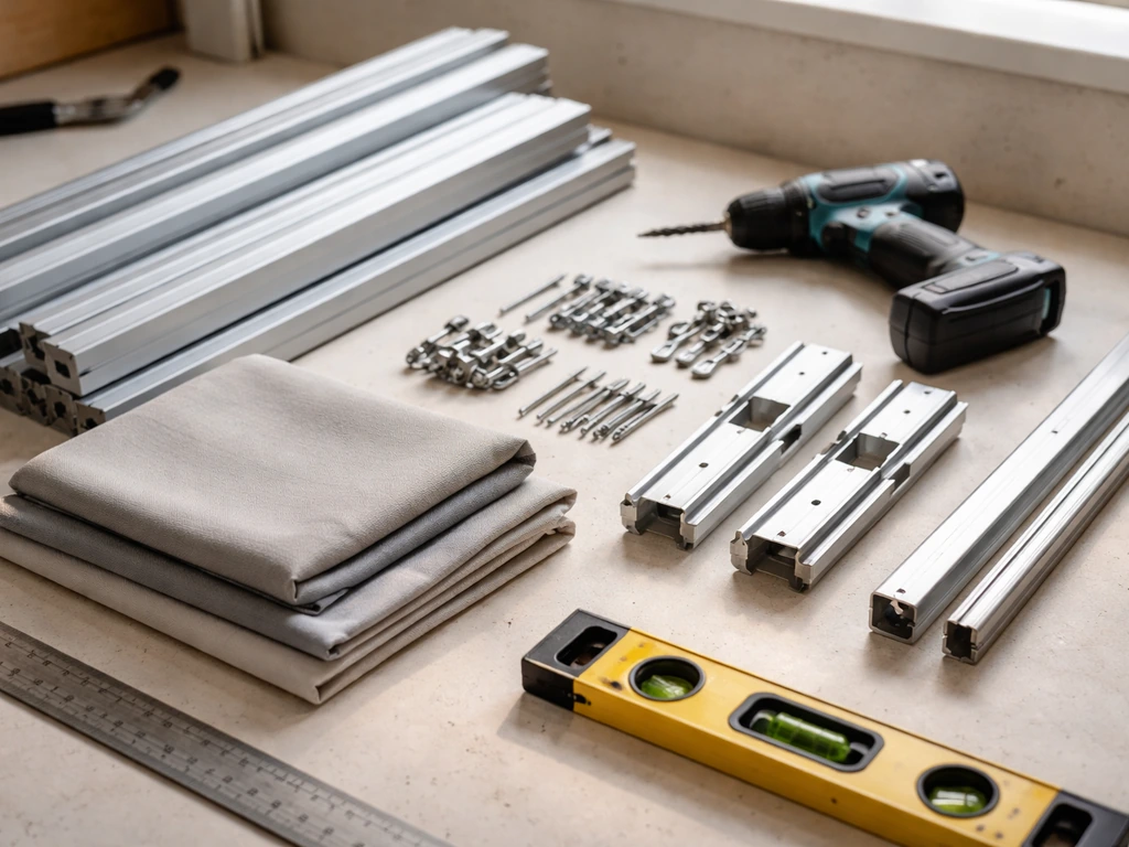 DIY awning materials and basic tools (metal frame, bolts, fabric, track, drill, level, square) on a workbench