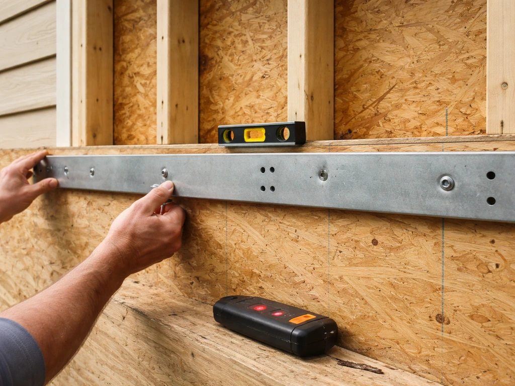 Hands aligning a ledger/header rail on a wood-framed siding wall with a level and stud finder.