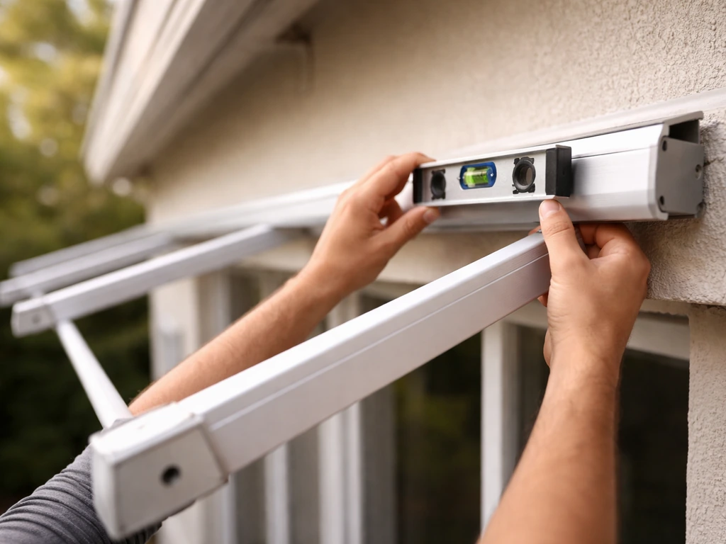 An awning frame installer uses a spirit level to set the slope for drainage, with a pitched front rail.