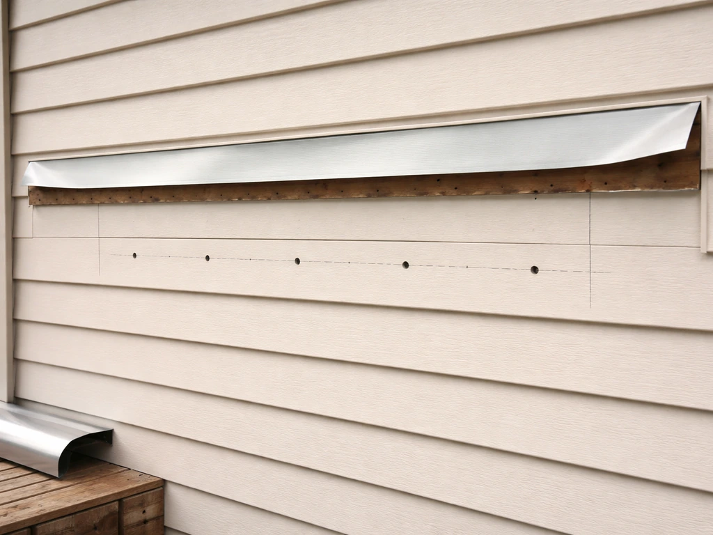 Home exterior wall showing a ledger board installation area with flashing and prepped trim for a patio cover.